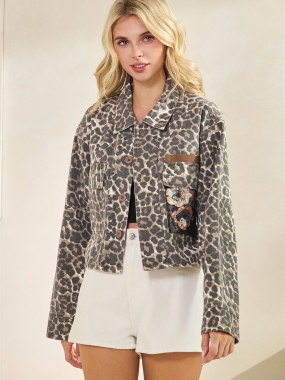 Veveret Leopard Print Mesh Back Embroidered Crop Jacket - Picture 3 of 7